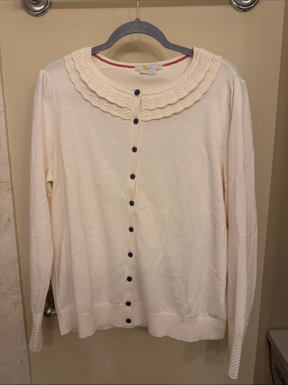 Boden Cream Cardigan with Navy Buttons and Ruffle Collar Trim